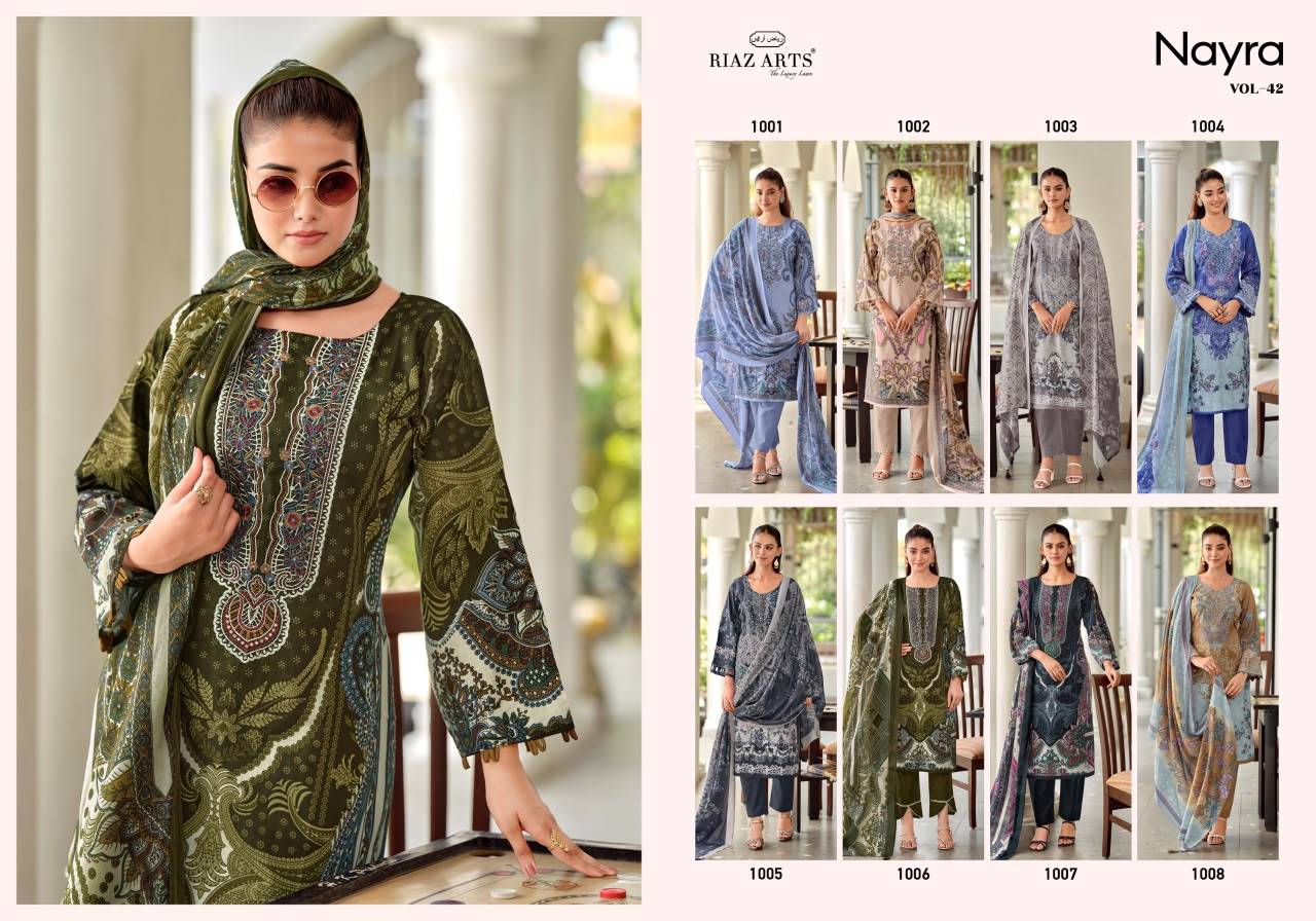 NAYRA VOL-42 By RIAZ ARTS 1001 To 1008 Series Beautiful Festive Suits Stylish Colorful Fancy Party Wear Pure Cotton Digital Print Dresses At Wholesale Price